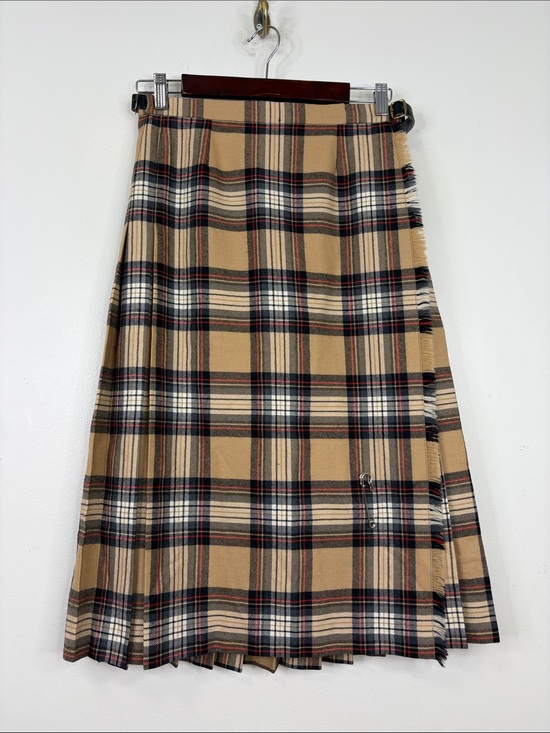Vintage Dresses & Skirts - Vintage Kilt Womens Medium  Stewart Camel Beige Tartan Plaid Wool Pleated Wrap